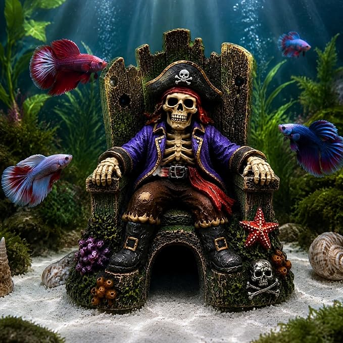 Pirate Skeleton Throne Aquarium Ornament Resin Fish Tank Hideout Cave for Small Fish Realistic Skull King Castle Decor 15cm Gothic Gothic Statues Freshwater Saltwater A