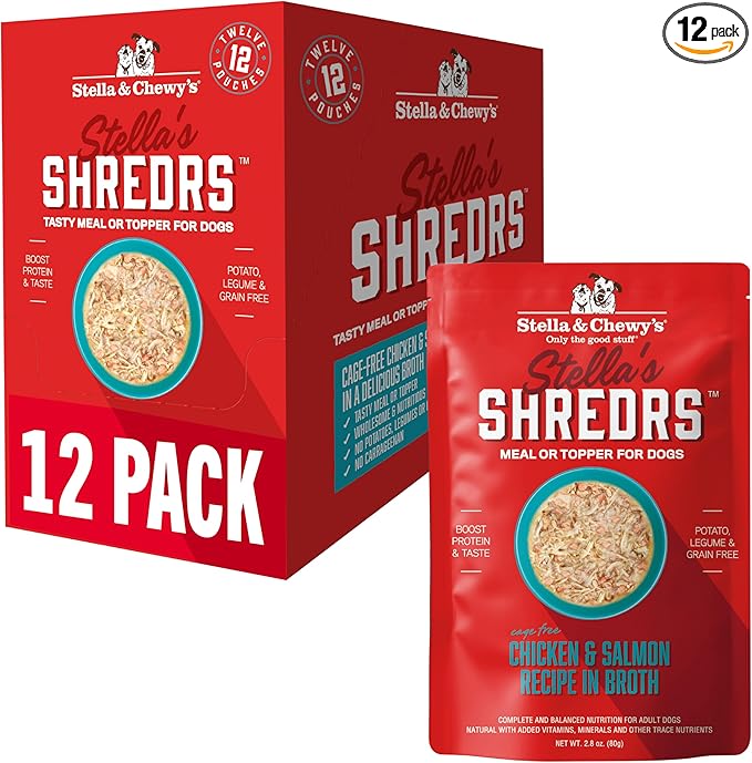 Stella & Chewy's Cage Free Chicken & Salmon Shredrs - Premium Dog Food Pouches - Freeze Dried Raw Nutrition in Broth - Perfect for Picky Eaters- 12 Pack, 2.8oz Each