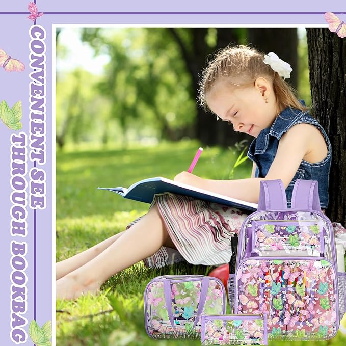 Kacctyen 3 Pcs Clear Backpack Heavy Duty Clear Stadium Bag Transparent Backpack with Lunch Bag(Purple,Butterfly)