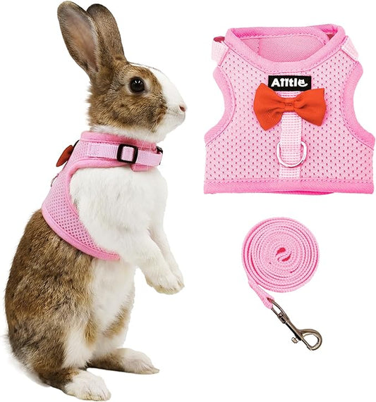 AIITLE Rabbit Harness and Leash Set with Cute Bow, Soft Breathable Mesh Vest Harness for Rabbits Kitten Ferret Puppy Small Pets Walking Supplies Pink L