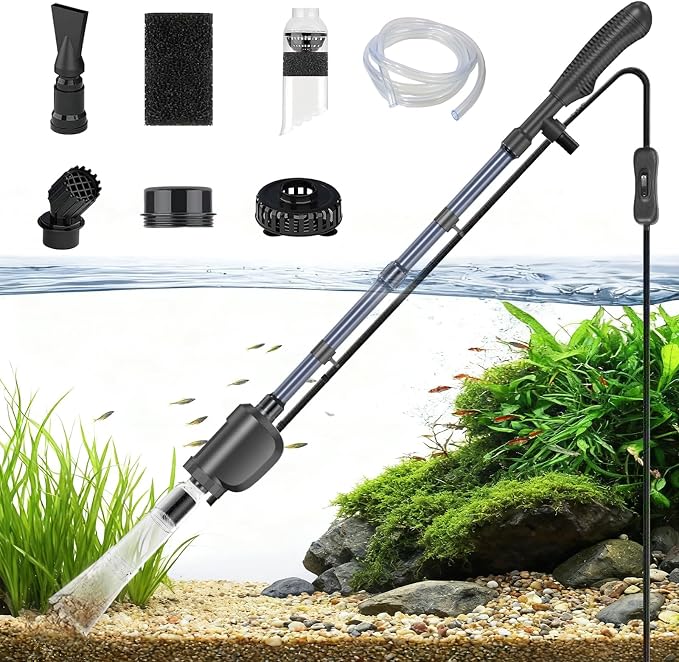 Electric Aquarium Gravel Cleaner, 36W 580 GPH Water Changer and Filter | Adjustable flow, 15 cm telescopic tube, 1.5 m hose, reusable sponge, low-water cleaning, and tool-free assembly