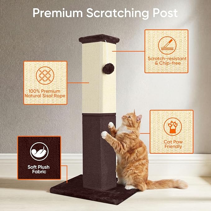 Cat Scratching Post, 32 Inch Cat Scratching Post for Large Cats, Cat Scratcher with Nature Sisal, Cat Scratch Post for Indoor Large Cats and Kitten, Brown