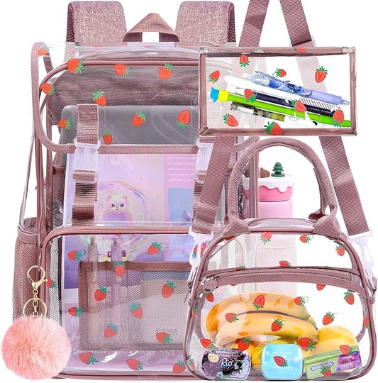 17" Strawberry Clear Backpack for Girls - 3Pcs Flip Design Stadium Approved Set, Campus/School Transparent Bookbag (Pink)