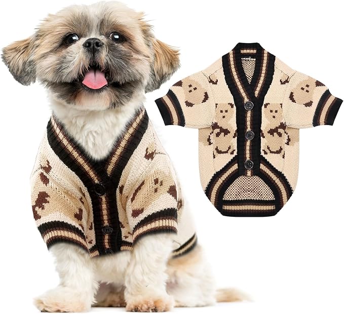 ABRRLO Small Dog Sweaters Cute Bear Dog Cardigans Clothes for Small Medium Dogs Boy Girl Puppy Cat Knitting Cardigan Outfits Dogs Winter Coats Warm Pet Doggy Clothes Soft Knitwear Apparel (Beige,XL)