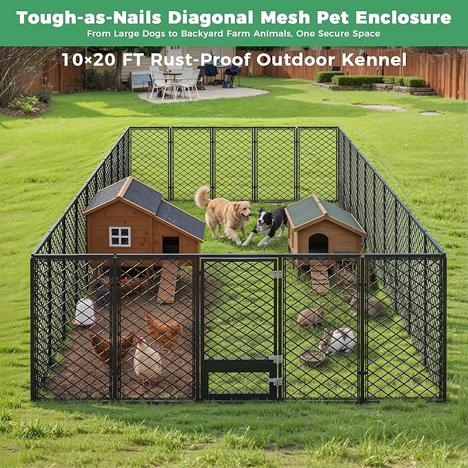 10x20×6.4 FT Heavy Duty Dog Kennel Outdoor with Secure Double Locks and Waterproof & UV Resistant Roof Cover,All Weather Resistant Anti-Rust Metal Enclosure for Large Dogs