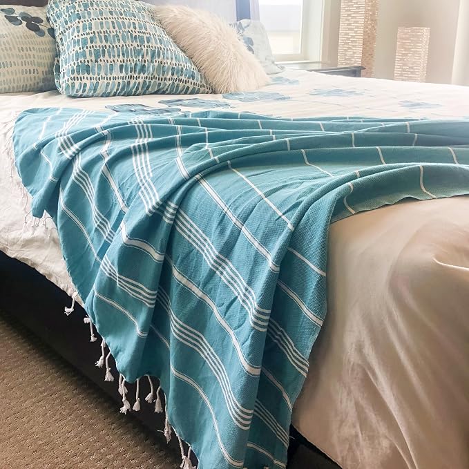 Bersuse Towels Anatolia XL Beach Blanket Throw Blanket Turkish Towel 100% Cotton Extra-Large Quick-Dry Lightweight Premium Peshtemal Towel - 61x82 Inches, Aqua (Set of 6)
