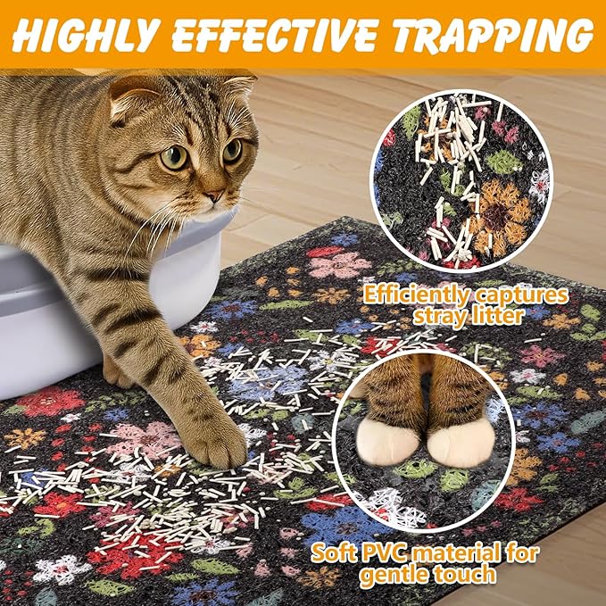 ondware Cat Litter Mat, 20x15 in Litters Box Mat Waterproof Non-Slip Easy to Clean Washable Trapping Mat for Kitty(Black Leaves)