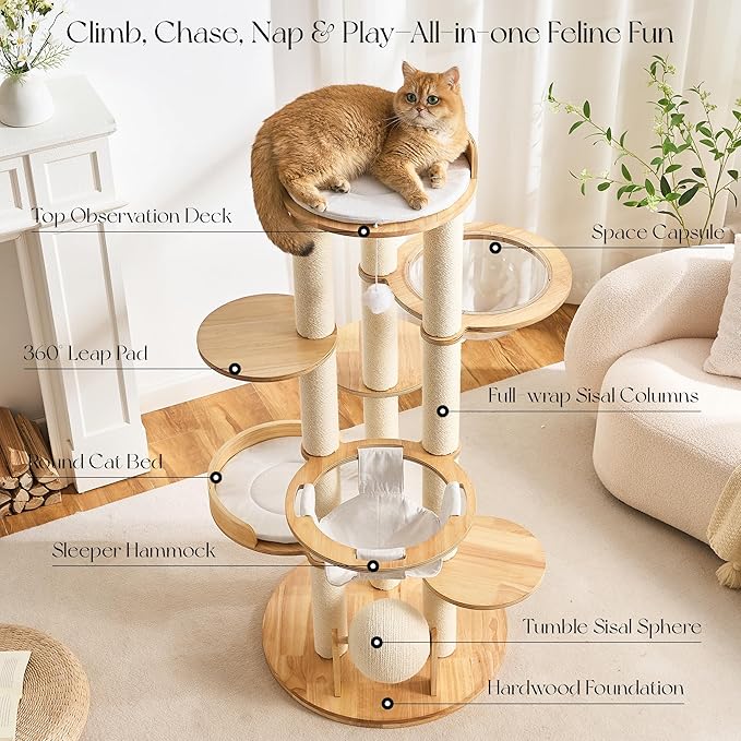 797Audio Modern Solid Wood Cat Tree Tower, 54" Tall Cat Tree with Scratching Posts, Capsule&Hammock, Luxury Natural Oak Wood Cat Tower, Aesthetic Multi-Level Cat Climbing Tree for Large Indoor Cats