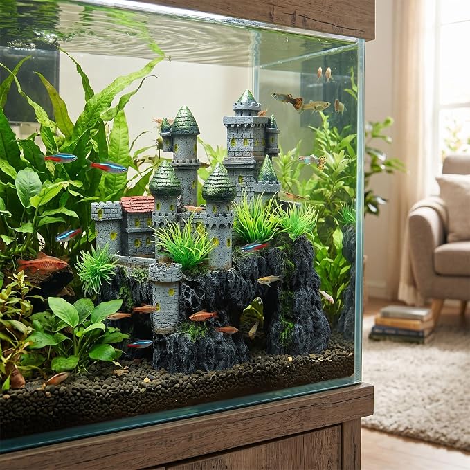 Aquarium Castle Decoration, Majestic Resin Fish Hideaway Ornament for Fish Tank Gray Large 7.09 x 3.94 x 7.48 in 1 Piece
