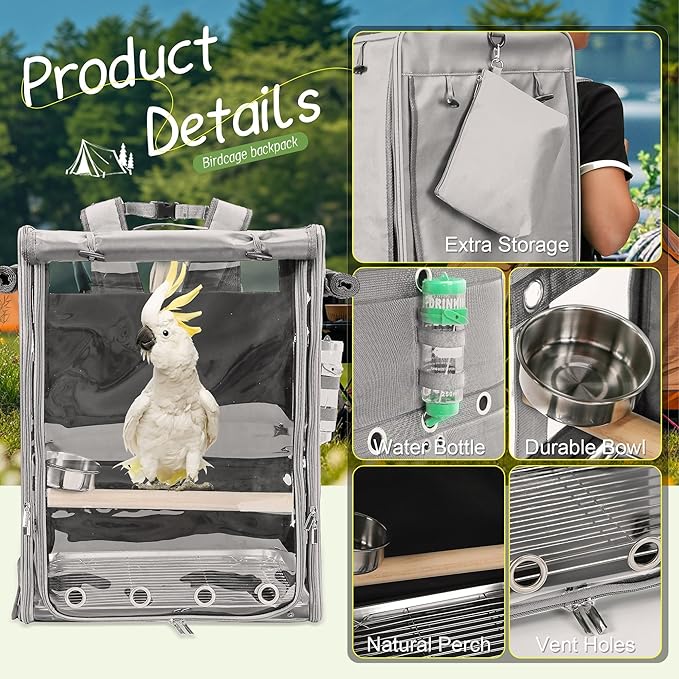 Bird Carrier Travel Cage, Cockatoo Carrier, Parrot Travel Backpack with Unbreakable Stainless Steel Mesh, Perch, Water Bottle and Food Bowl, X-Large Grey
