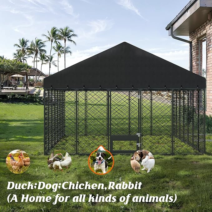 10x14FT Heavy Duty Outdoor Dog Kennel with Roof, Large Metal Dog Enclosure for Big Dogs, Weatherproof Fence Playpen with Double Lock Gate & Feeding Door