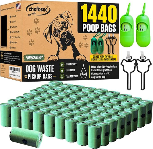 Doggy Poop Bags Biodegradable with Dispenser (1440 Bags) Eco-friendly Dog Waste Pickup Bags Landfill-friendly Refill Rolls Cat Waste Bags (Green, 72 Rolls, Unscented)