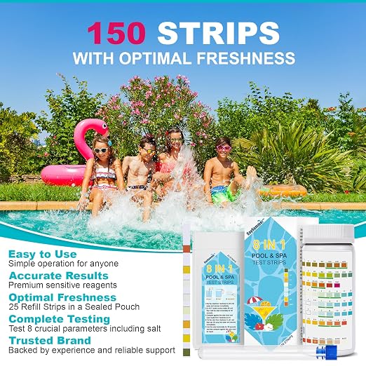 Salt-Water Pool Test Strips Kit: 150 Counts 8-in-1 for Salt Water Pool Testing Kit, Salt Pool Test Strips for Hot Tub Spa Testing Salt Chlorine pH and More