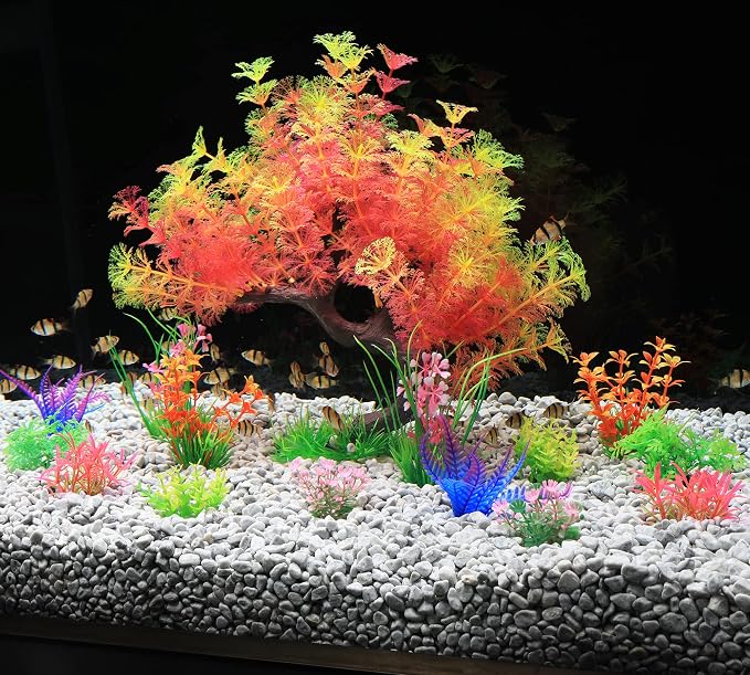 MyLifeUNIT Fish Tank Decorations, 15 Pack Artificial Aquarium Plants Tree Set for Fish Tank Decor (Pink Set)