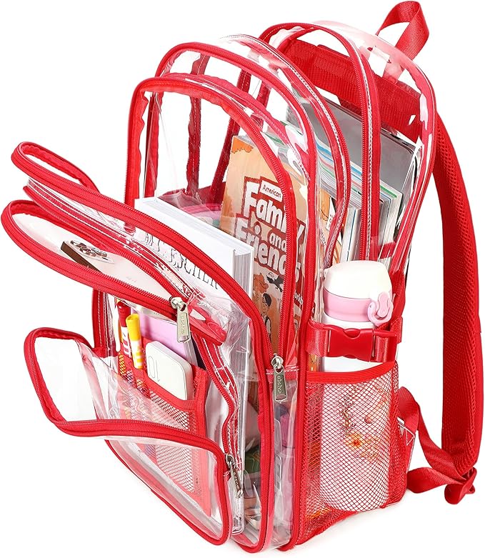 abshoo Large Heavy Duty Clear Backpack For School Bookbag Transparent Multi Pocket Backpacks (Red)
