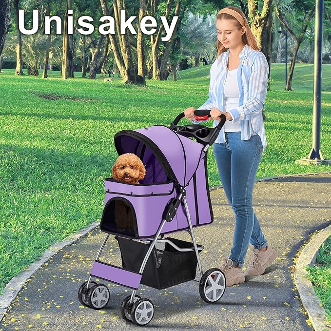 Unisakey 4 Wheels Pet Stroller for Small Medium Dogs Cats 10-33 lbs, Foldable Dog and Cat Stroller with Cup Holder & Storage Basket & Breathable Mesh, Pet Strolling Cart for All-Season, Purple