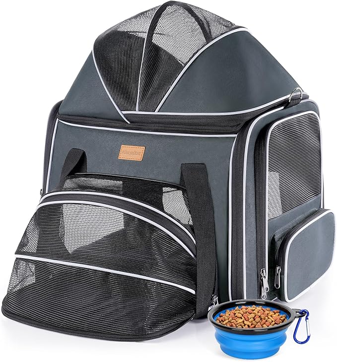 Morpilot Top and Side Expandable Cat Carrier, Collapsible Soft-Sided Pet Carrier for Medium/Large Cats and Puppies up to 20lbs for Car Rides and Vet Visits, with Dual-Sided Cushion& Bowl (Dark Gray)