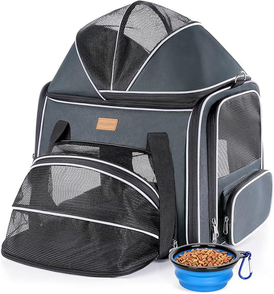 Morpilot Top and Side Expandable Cat Carrier, Collapsible Soft-Sided Pet Carrier for Medium/Large Cats and Puppies up to 20lbs for Car Rides and Vet Visits, with Dual-Sided Cushion& Bowl (Dark Gray)