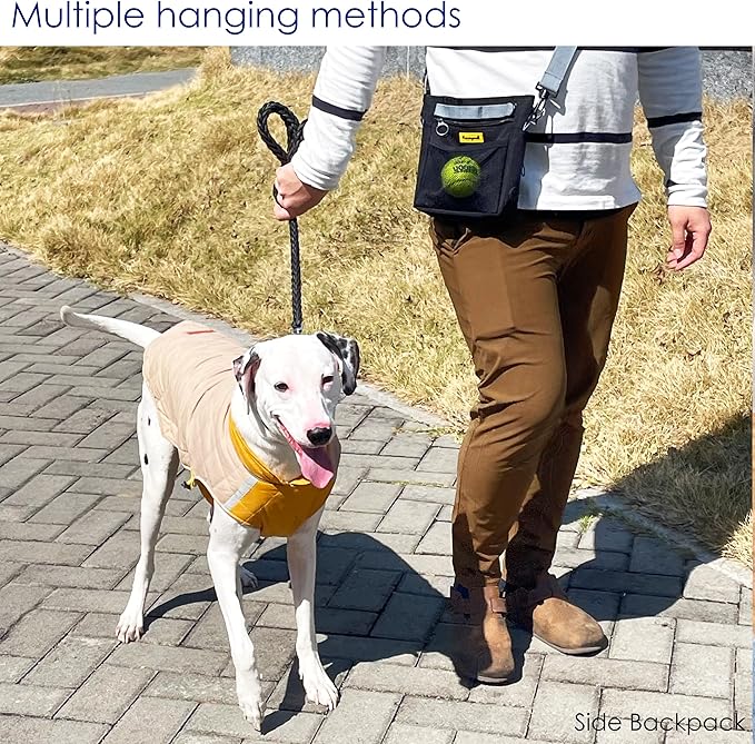 Raisingwell Dog Treat Pouch with Magnetic Closure 4-Cup Silicone Bag Fanny Pack Holder with Clicker 4 Ways to Wear Front Pocket Fits All Phones Ideal for Leash, Pet Walking and Training（Black）