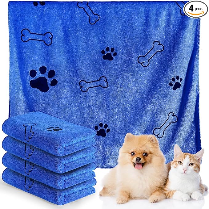 Chumia 4 Pcs Dog Towels for Drying Dog Puppy Bulk Microfiber Absorbent Paw Towel Pet Bathing Supplies Quick Drying for Medium Cats Pets Shower(24 x 40 Inch,Dark Blue)