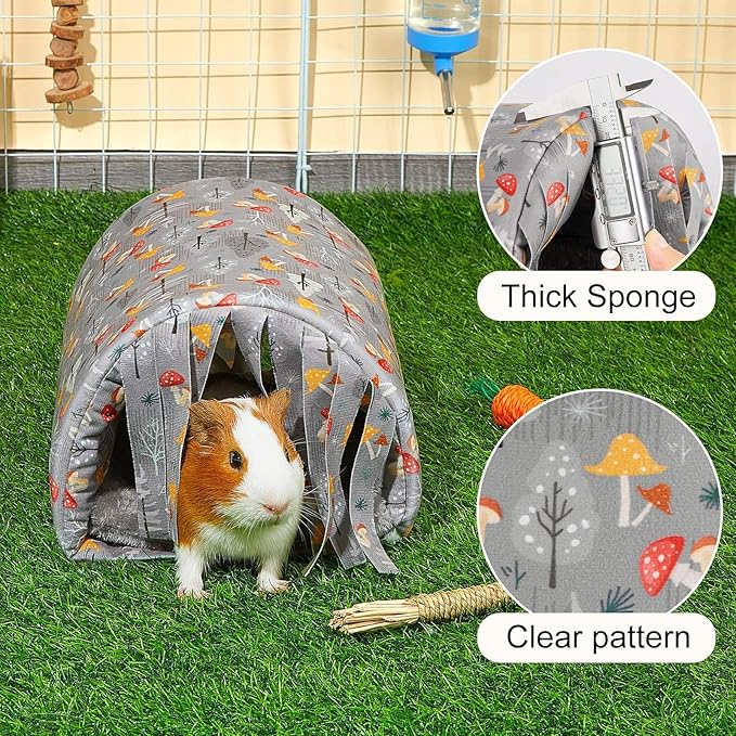 Glittme Guinea Pig Hideout with Curtain and Tunnel - Soft Bed with Cushion - Suitable for Guinea Pig, Hamster, Chinchilla, Bunny - Grey Mushrooms
