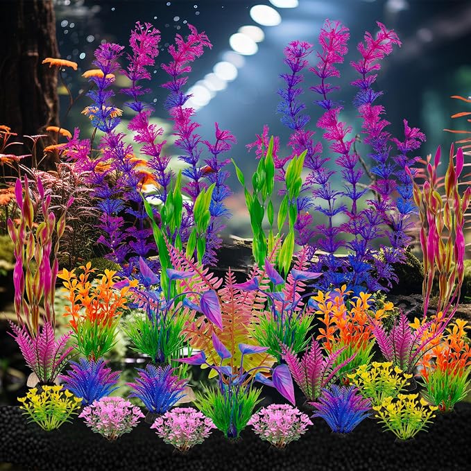 Ameliade Artificial Aquarium Plastic Plants Fish Tank Decorations, 25PCS | Large Colorful Aquarium Decor, Betta Goldfish Tank Accessories, Fish Bowl Tall Ornaments