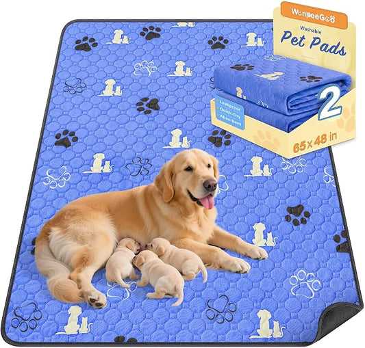 WanpeeGoo Washable Pee Pads for Dogs, 1 Pack Absorbent Reusable Training Dog Pads Pet Puppy Pads, Non-Slip Potty Pads for Whelping, Playpen, Crate, Bed, Blue, 65"x48"
