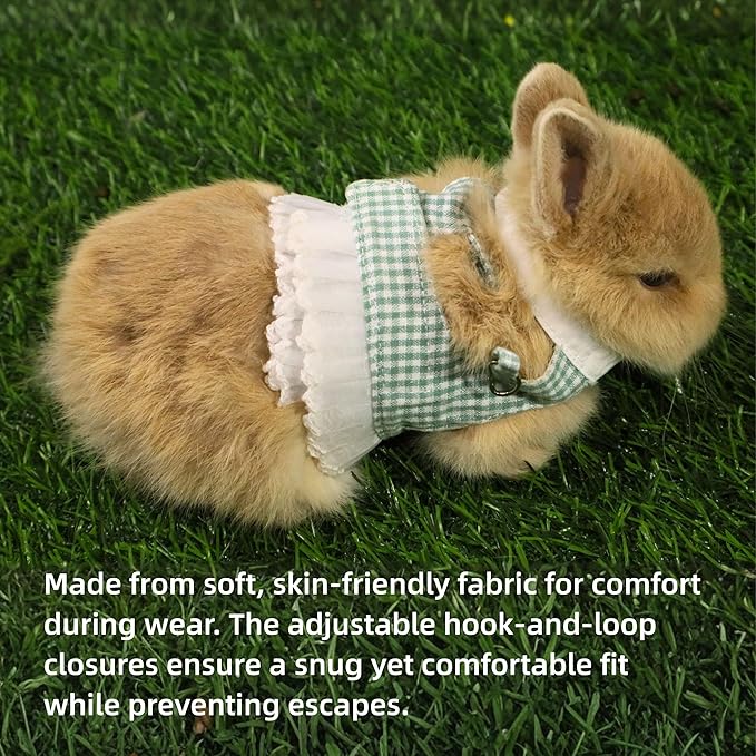 SMOLKITH Rabbit Clothes - Bunny Adjustable Checkered Dress with Leash, Small Animal Apparel for Walking - Fits Guinea Pigs, Chinchillas, Meerkats, Prairie Dogs, Pet Rats (Green Mini Gingham Dress)