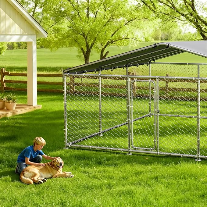 15x15 FT Large Outdoor Dog Kennel – Heavy-Duty Dog Enclosure with Wire Mesh Fence, Lock & Waterproof Cover for Large Dogs