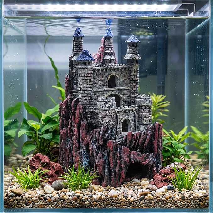 Teaeeno Age-of-Magic Wizard’s Castle Aquarium Décor-Resin for Freshwater and Saltwater Fish Tanks-Large House Ornament Kit -Gnome Fish Tank Decor Aquarium Decor-Charming Mermaid Decor Statue (Purple)
