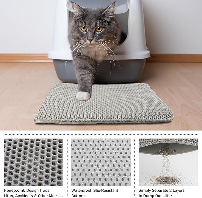 Cat Litter Mat - 24x15-Inch Waterproof Litter Box Mat with Dual-Layer Honeycomb Design for Trapping Litter - Slip-Resistant Cat Mat by PETMAKER (Gray)