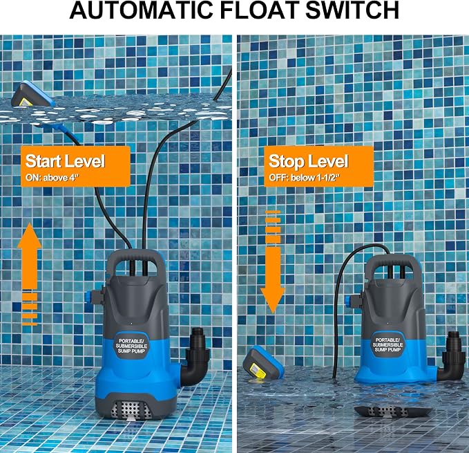 Submersible Water Automatic Sump Pump 1HP Clean/Dirty Water Removal Pump 4000PGH With Float Switch Electric Portable Transfer Water Pump for Swimming Pool Garden Pond Basement Draining