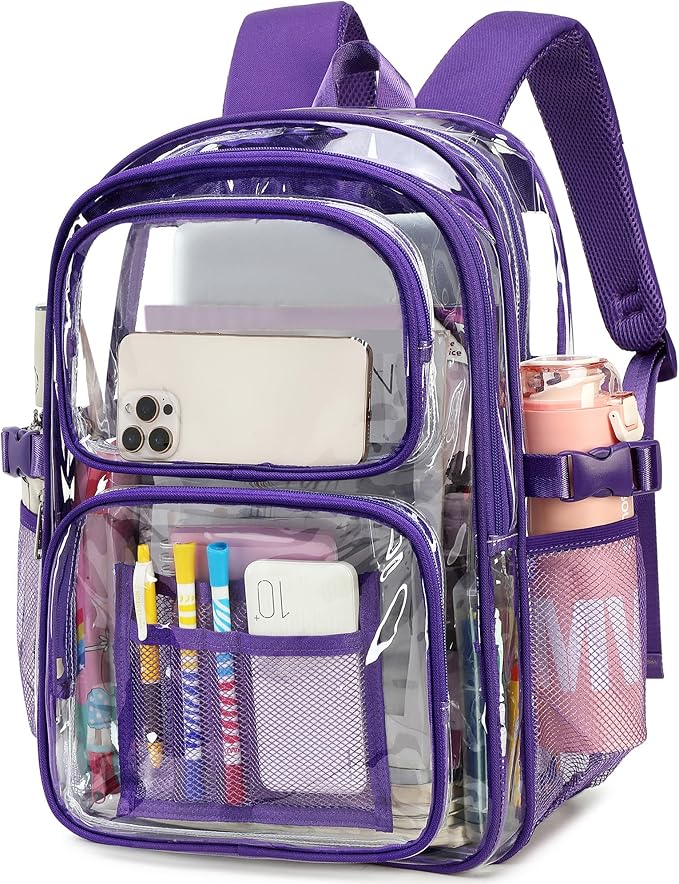 abshoo Large Heavy Duty Clear Backpack For School Bookbag Transparent Multi Pocket Backpacks for Girls (Dark Purple)