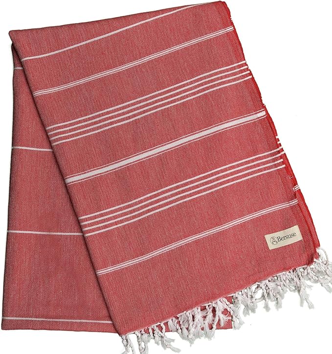 Bersuse Towels Anatolia XL Beach Blanket Throw Blanket Turkish Towel 100% Cotton Extra-Large Quick-Dry Lightweight Premium Peshtemal Towel - 61x82 Inches, Red