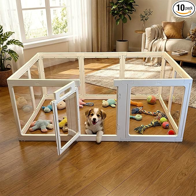 Transparent Indoor Dog Playpen with Safety Lock, Indoor Dog Fence for Small & Medium Pets | Secure, Stylish, Easy Clean Play Pen for Dogs & Pets with Scratch Resistant Panels (White, 10 Panel)