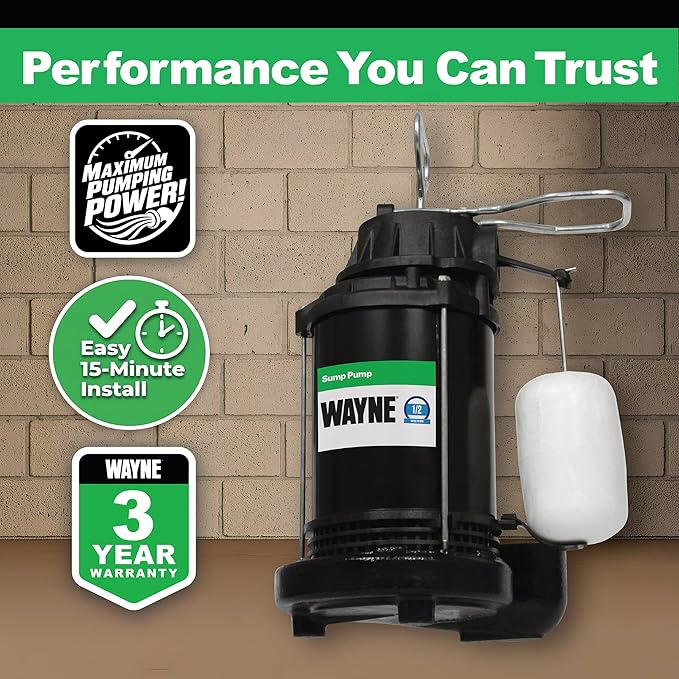 WAYNE CDU800 1/2 HP Submersible Sump Pump – Cast Iron & Stainless Steel, Vertical Float Switch, 5,100 GPH, 3-Year Warranty