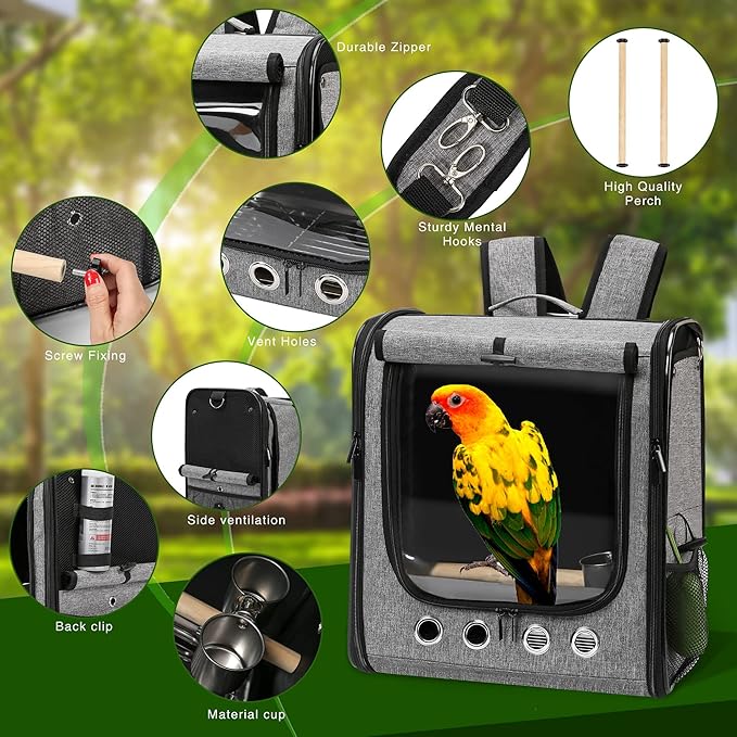 Bird Carrier Bag Bird Travel Cage with Stand, Lightweight Backpack for Parrot, Portable Bird Travel Bag, Pet Transparent Breathable Travel Cage (X-Large)