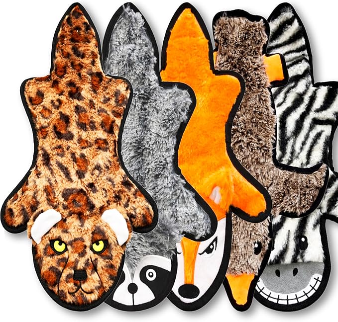 Jalousie 5 Pack Ultra Tough No Stuffing Squeaky Dog Toys for Large Dogs No Mess Interactive Durable Plush Chew Toy Indestructible Dog 6 Layers (5 Pack Strong Plushy Animal Pattern, Large to XLarge)