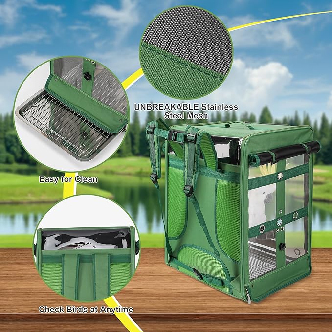Bird Carrier Travel Cage, Cockatoo Carrier, Parrot Travel Backpack with Unbreakable Stainless Steel Mesh, Perch, Water Bottle and Food Bowl, X-Large Green