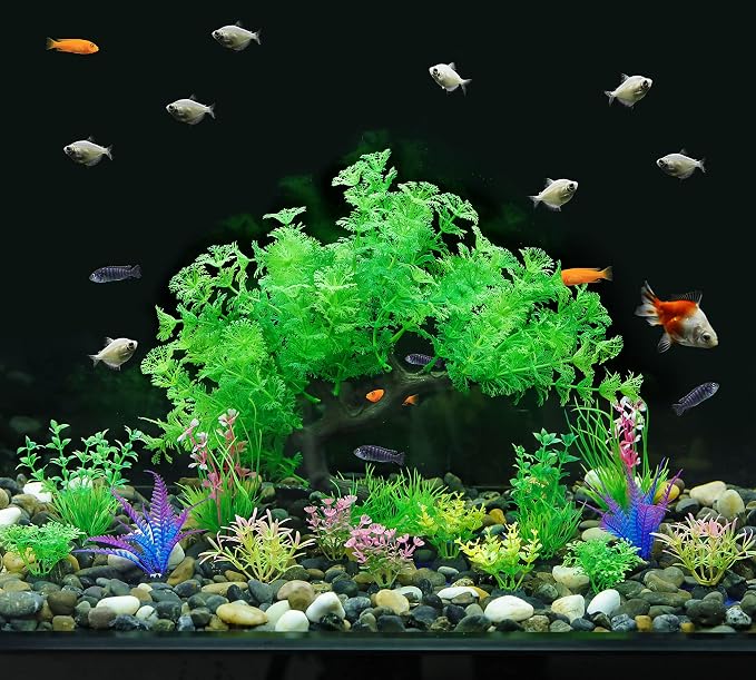 MyLifeUNIT Fish Tank Decorations, 15 Pack Artificial Aquarium Plants Tree Set for Fish Tank Decor (Green Set)