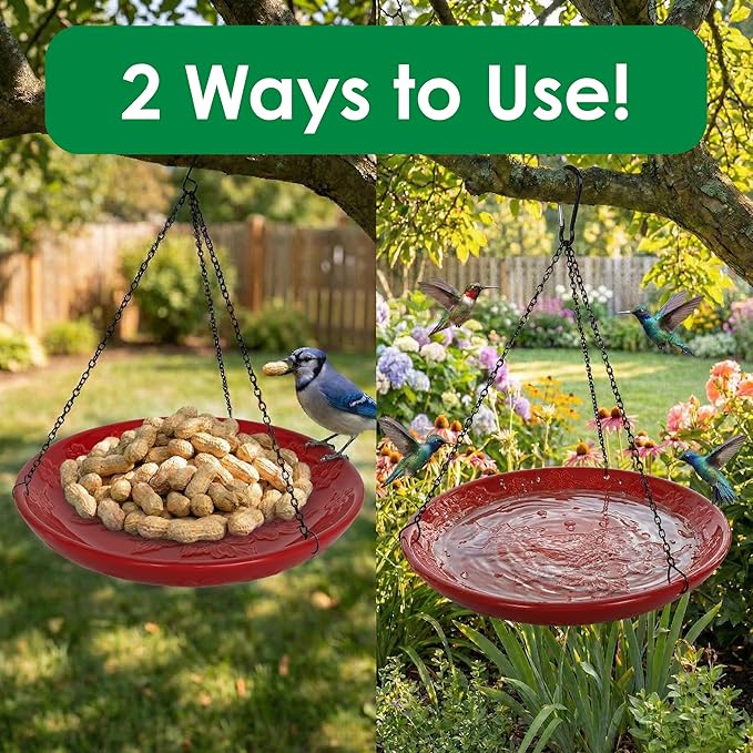 Red Ceramic Bird Bath Bowl - Hanging Bird Baths for Outdoors - 12-Inch Glazed Ceramic Bowl with Embossed Cardinal & Dogwood Design - Metal Chain & Hook