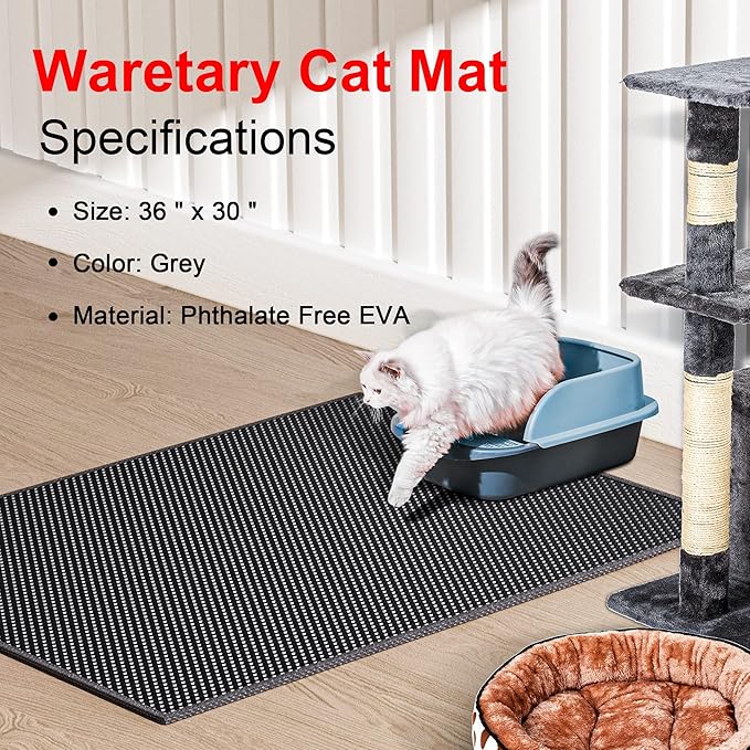 Waretary Cat Litter Box Mat: 36"x 30" Waterproof Kitty Cat Litter Trapping Mat, Easy-clean Double-layer Scatter Control Pad Rug (Black)
