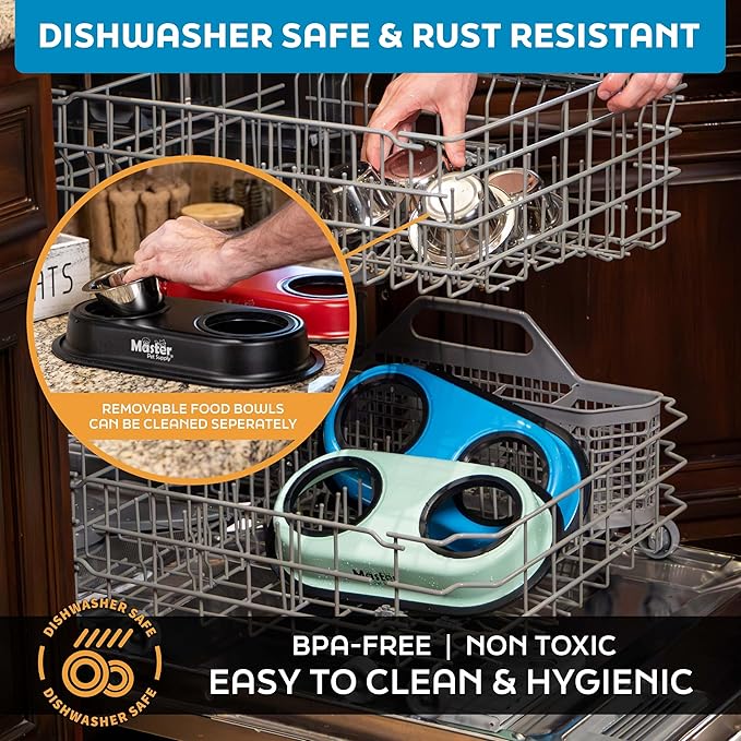 Master Pet Supply Double Dog Bowls Set with Elevated Base and 2 (8 oz) Stainless Steel Removable Dishes (Navy Blue) – Double Cat Food Water Bowl, Dog Puppy Food Bowl Set, Rust Resistant