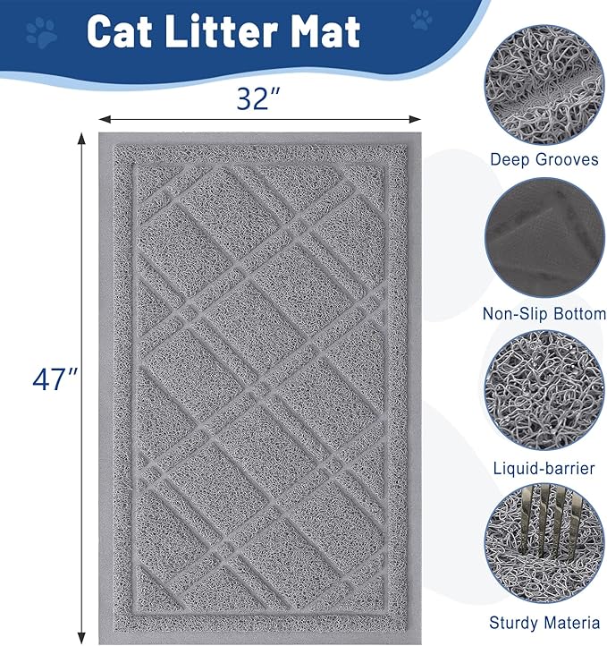 Smiry Cat Litter Box Mat 47x32, Non-Slip Water Resistant Litter Trapping Mat, Easy Clean Less Waste and Urine-Locking Cat Carpet for Indoor, Grey