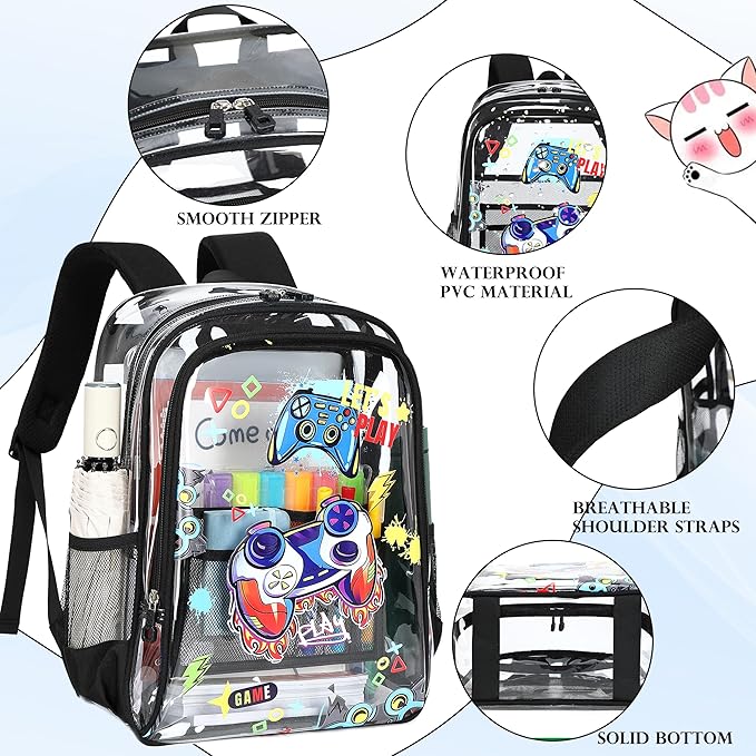 AO ALI VICTORY Clear Backpack for School,PVC Transparent Kids Bookbag for Girls Boys Cute Toddler Back Pack Kindergarten Elementary Schoolbag Stadium Approved See Through Backpacks,Black Gamer