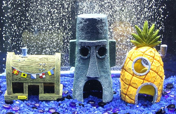 Penn-Plax Spongebob Squarepants Officially Licensed 3-Piece Aquarium Ornament Bundle – Spongebob’s Pineapple House, Squidward’s Easter Island Home, and The Krusty Krab
