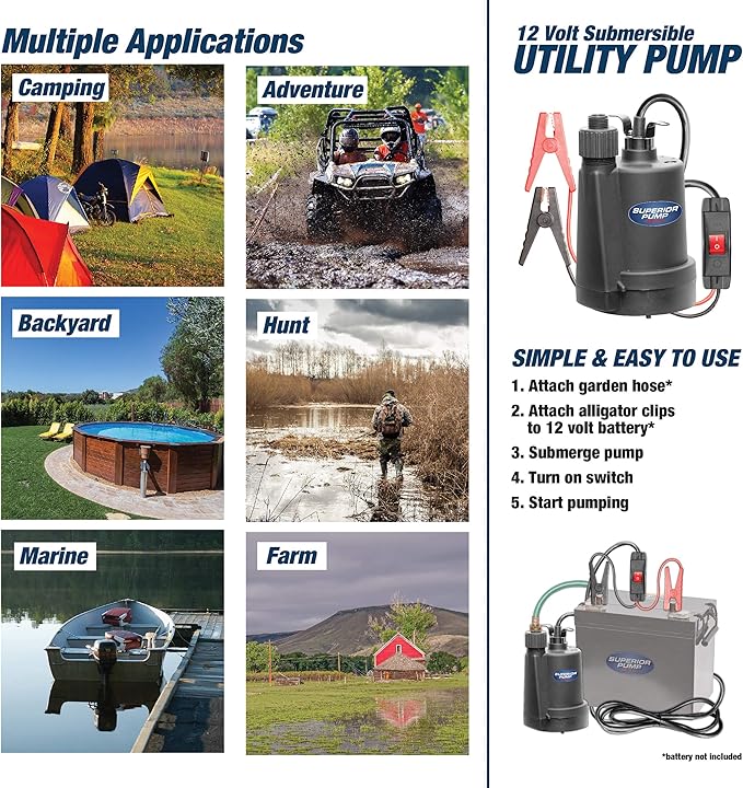 Superior Pump 91012 12 Volt Utility Pump with 20-Foot Cord, Black
