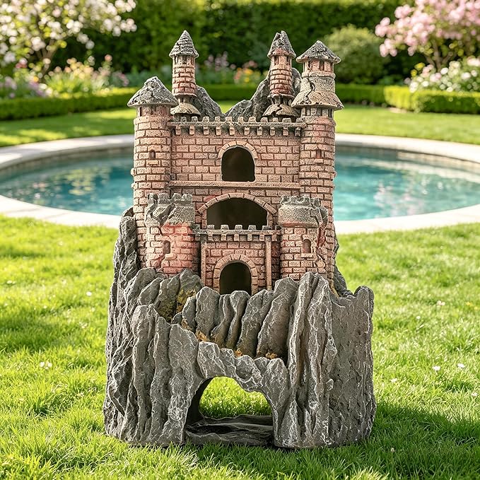 Teaeeno Age-of-Magic Wizard’s Castle Aquarium Décor-Resin for Freshwater and Saltwater Fish Tanks-Large House Ornament Kit -Gnome Fish Tank Decor Aquarium Decor-Charming Mermaid Decor Statue (Yellow)