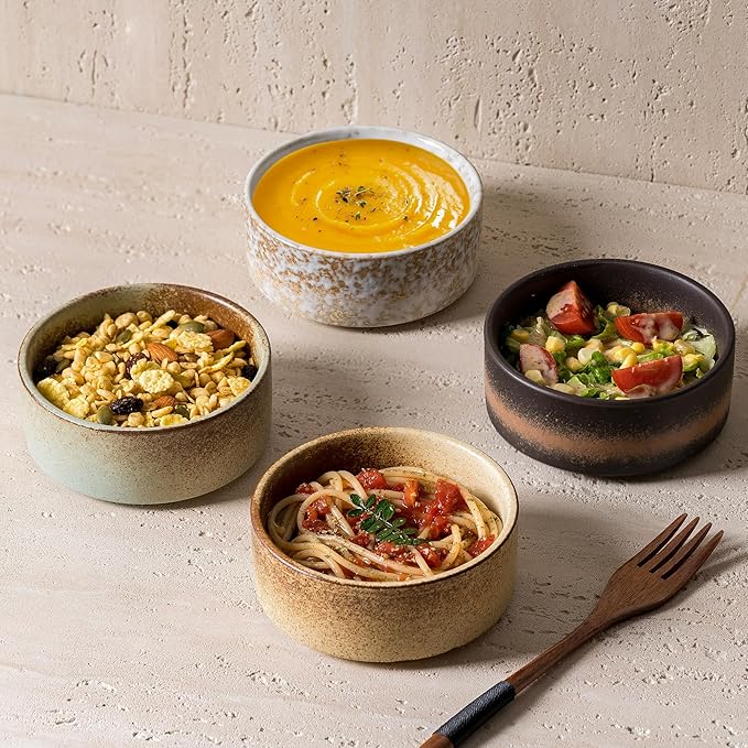 Ceramic Bowl Sets of 4, 4.5 Inches Retro Green Handcraft , Small Bowls Set Farmhouse Vintage Color Bowls, 10 oz Bowl for Dessert, Dip, Side Dishes, Ice Cream, Fruit, Rice Dishwasher Microwave Safe