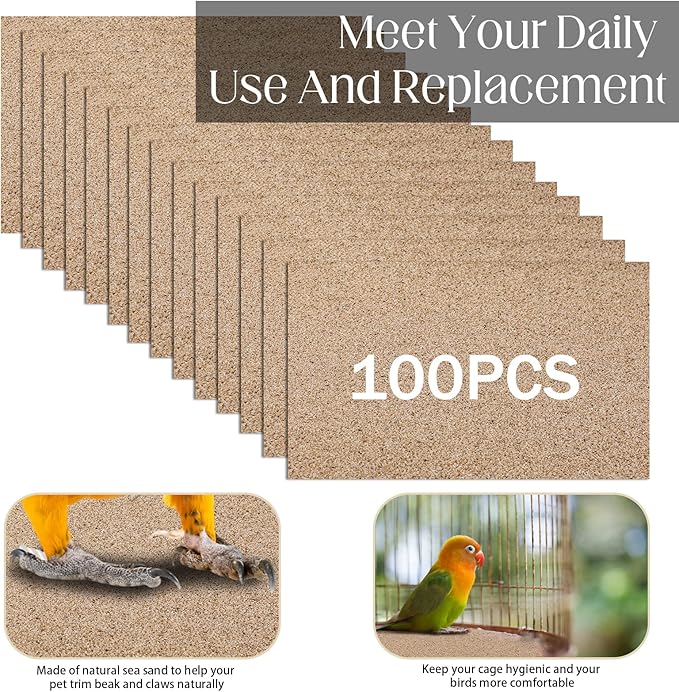 Fabbay 100 Pcs Gravel Paper for Bird Cage Gravel Liner Paper Pet Sandpaper Special for Bird Cage in Sea Sand, Easy Clean Pet Sandpaper Calcium Paper for Birdcage Parrots Cockatiels(11 x 17 Inch)